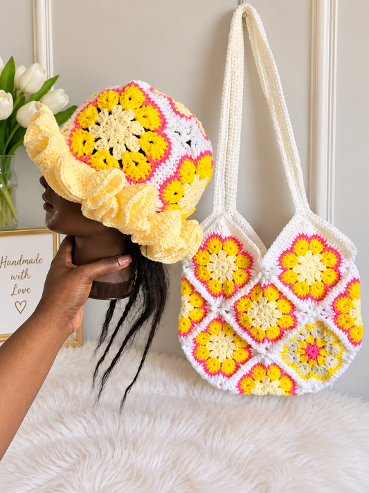 Handmade Crochet Africanflower Bag & Matching Hat Set